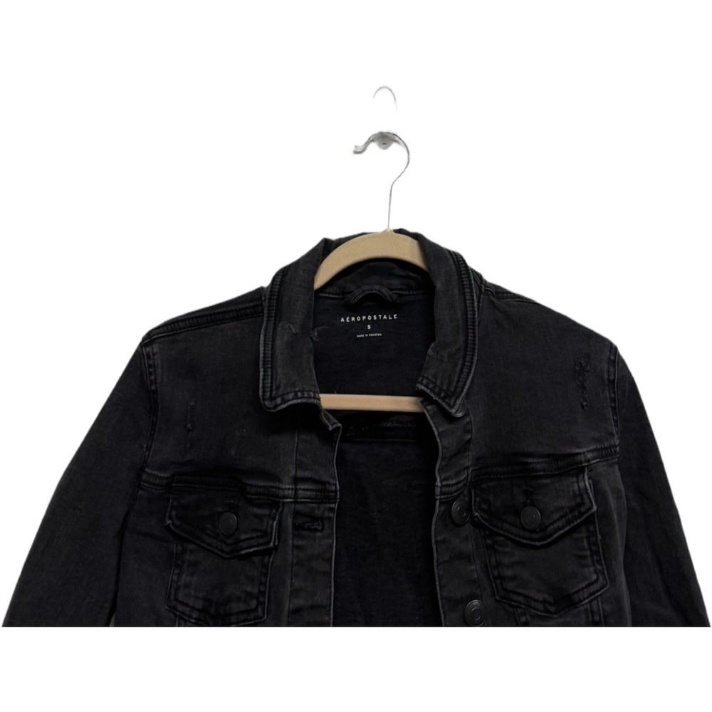 Aéropostale Seriously Stretchy Black Distressed Denim Jacket Women Small Cropped - Picture 2 of 6